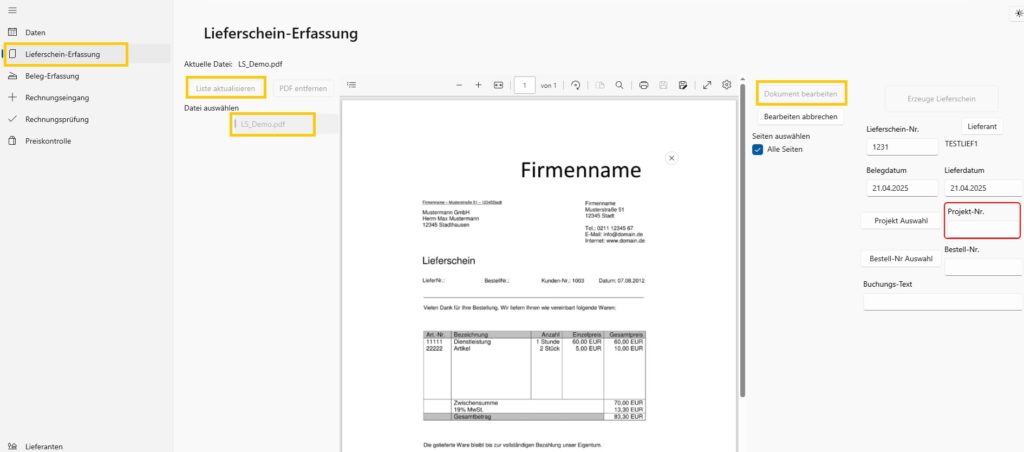 Lieferscheinerfassung im EinkaufsMonitor