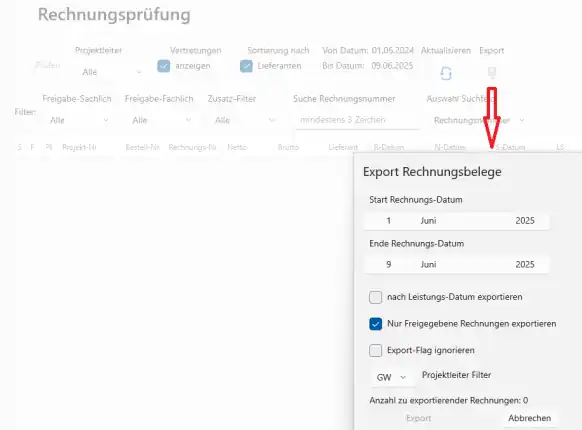 Export Rechnungsbelege mit Projektleiter-Filter