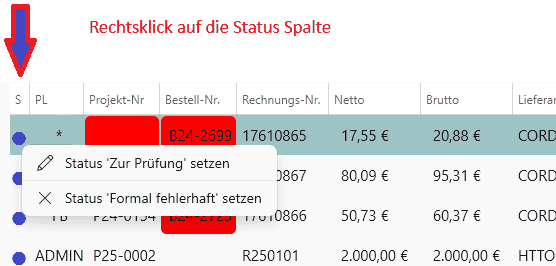 Rechtsklick auf die Status-Spalte