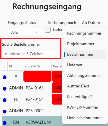 Suche mit Auswahl des Suchfelds