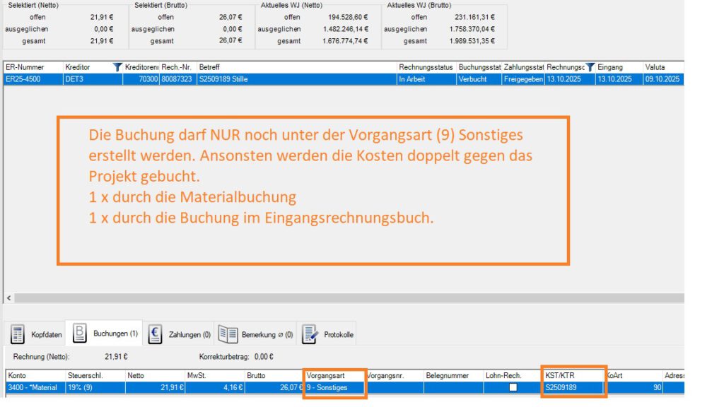 Buchung im Eingangsrechnungsbuch bei Materialbuchung