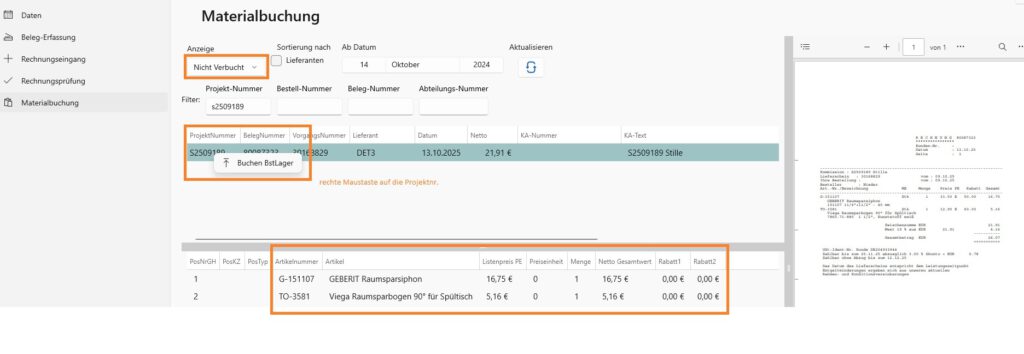 Positionsgenaue Anzeige der Materialien