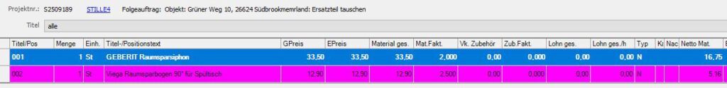 Übernommene Positionen im Auftrag