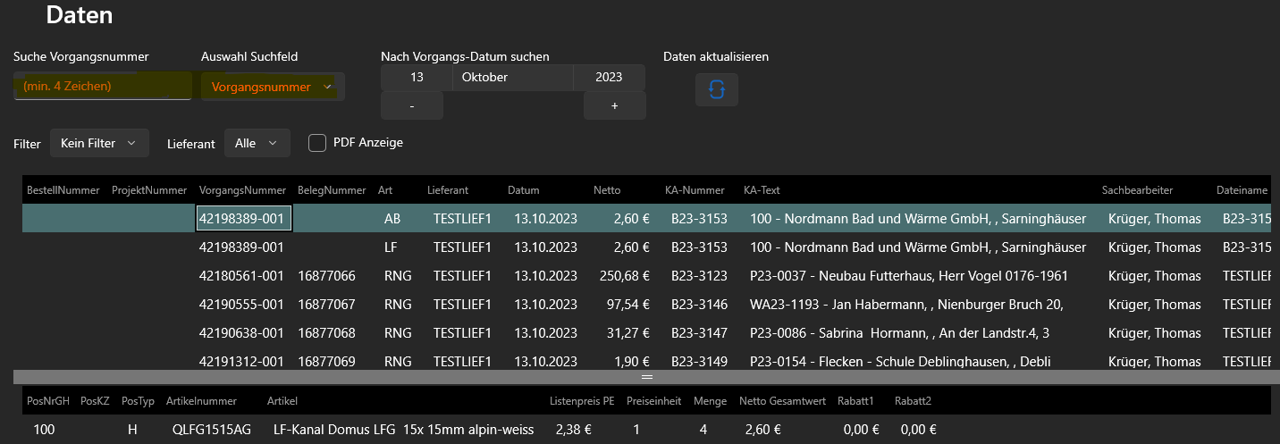 Datenbrowser mit Vorgängen und Positionen