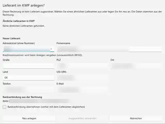 Anlagedialog mit vorbelegten Lieferantendaten