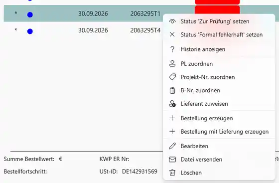 Kontextmenü Lieferant zuweisen