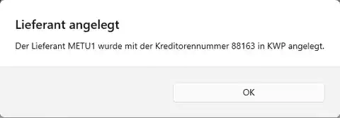 Meldung Lieferant angelegt
