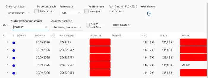 Rechnungsliste mit zugewiesenem Lieferanten