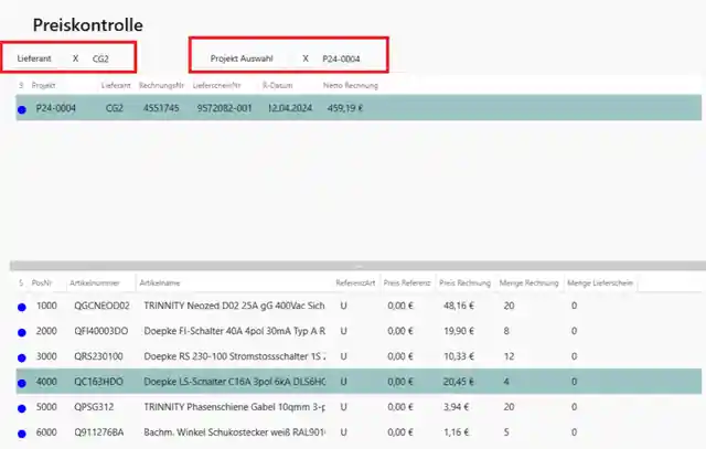 Preiskontrolle mit Projektpreisreferenz